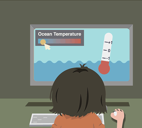 an animation of a cartoon scientists adjusting ocean temperature on a computer screen