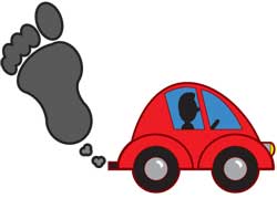 Cartoon car with black smoke in the form of a footprint coming out of tailpipe.