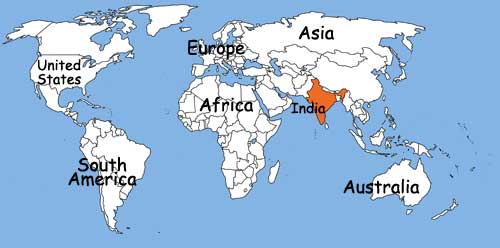 World map showing location of India in Southern Asia.