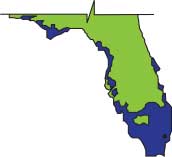 Cartoon map of Florida, showing parts of coastline that could be below sea level sometime in the future.