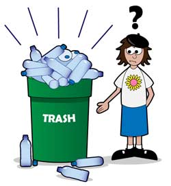 Cartoon of girl puzzling over a trash can over-flowing with plastic bottles.