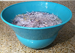 Paper pieces soaking in bowl of water.