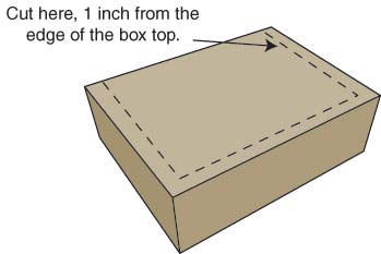 Drawing shows where to cut the flap in the lid of the box.