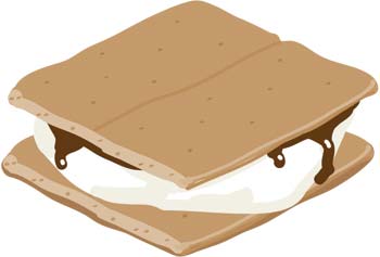 Drawing of a s'more, a sandwich of a marshmallow and a square of chocolate between two graham crackers.