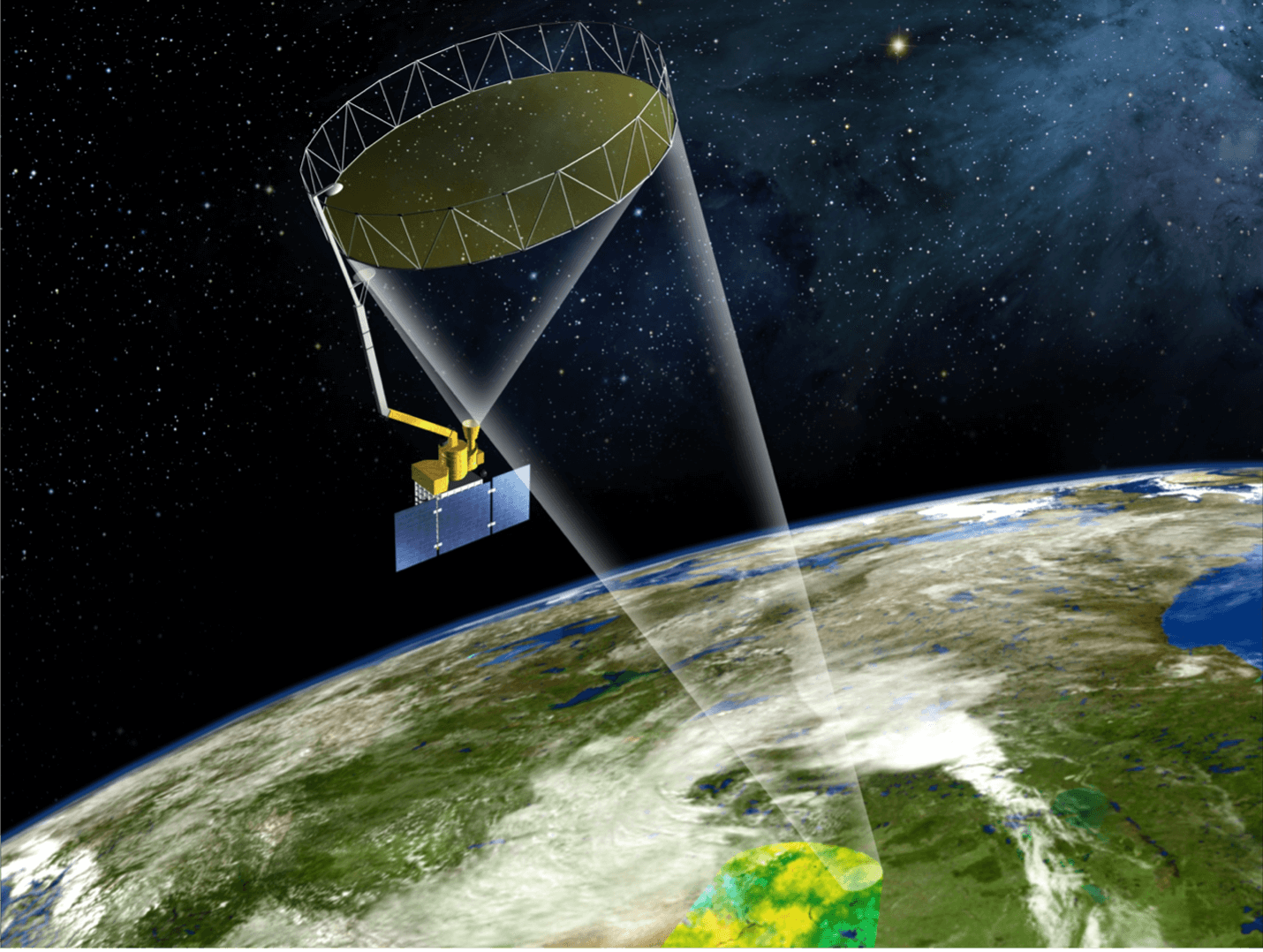 An artist’s illustration of the SMAP satellite is shown above green land, blue water, and white clouds. The satellite has an olive green  circle at the top with small triangular fencing around it. There are two white lines going down to the land from the circle. The circle of the lines gets smaller as it reaches the land. There is another cone of white lines that goes from the top circle to the gold satellite instrument. The top circle is attached to the gold instrument with a gray pole. The gold instrument is mainly rectangular in shape. On one side there are three blue panels that are connected to it. These represent solar panels, and are rectangular in shape. Above the land and water is a curved line. Above the curved line in the background is black and white dots for stars to represent space. On the bottom middle of Earth there is greens and yellows simulating what the data looks like from the satellite.