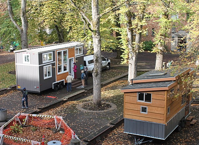 Photo of tiny houses on trailers.