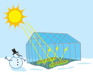 A cartoon of a greenhouse with a snowman outside.